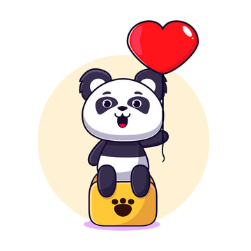 cute little panda sitting on the bench holding a love ballon, little panda vector design