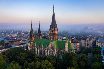 Naklejka premium Aerial veiw on Elizabeth church in Lviv, Ukraine from drone. 