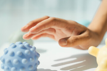 Woman hand touching covid-19 virus in the air with barehand.