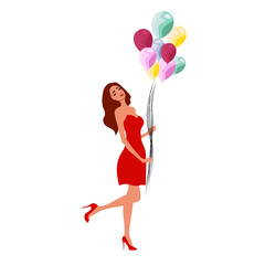 Happy beautiful woman holding colorful balloons isolated on white background flat vector illustration. Full length portrait. Woman in red dress holding balloons.