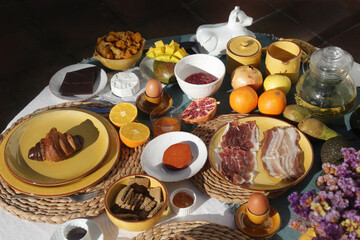 brunch with artichokes mussels croissants fruits brocoli feta salad ham bread and many other food and drink