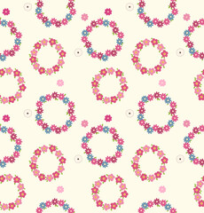 Japanese Sweet Floral Circle Ribbon Vector Seamless Pattern