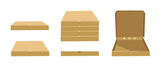 Square Carton Assembly Box for Pizza. Cartoon Style Illustration Delivery Packaging. Flat Graphic Design Clip Art. Vector Collection Mockup Isolated 