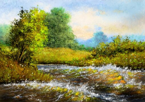 Oil paintings rural landscape, river in the forest. Fine art, masterpiece.