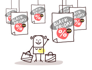 Cartoon Woman with Shopping Bags and Black Friday boards
