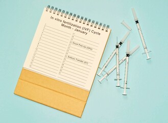 January IVF cycle calendar and disposable injection syringe