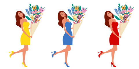 Happy beautiful woman holding flower bouquet isolated on white background flat vector illustration. Full length portrait. Woman in dress holding flowers.