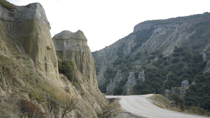 View of the Kuladokiya mountains. An unusual volcanic rock formation in the city of Kula, Turkey.
