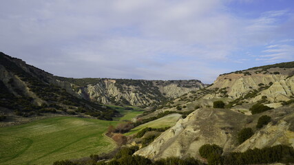 Naklejka premium View of the Kuladokiya mountains. An unusual volcanic rock formation in the city of Kula, Turkey.