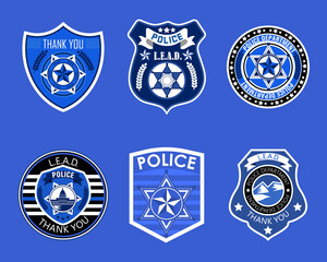 Police badges set vector. Sheriff, marshal label illustrations. Law enforcement emblems for national days. Ranger, policeman medallions. Blue matter signs, stickers of security