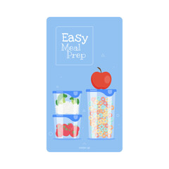 Easy meal prep social media story template with fresh vegetables, garnish and snacks stored in containers. Healthy and tasty food. Modern lifestyles. Saving money and time through meal prep