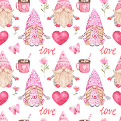 Watercolor cute gnomes couple seamless pattern. Valentines day themed design. Hand drawn Nordic elf print. Pastel pink color palette. Spring background. For holiday cards, 14 February greetings.