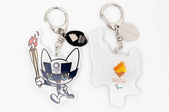 Tokyo, Japan - January 4, 2021: 2020 Tokyo Olympic Mascot Miraitowa (front) And Someity (back) Keychain Official Licensed. Isolated On White Background.