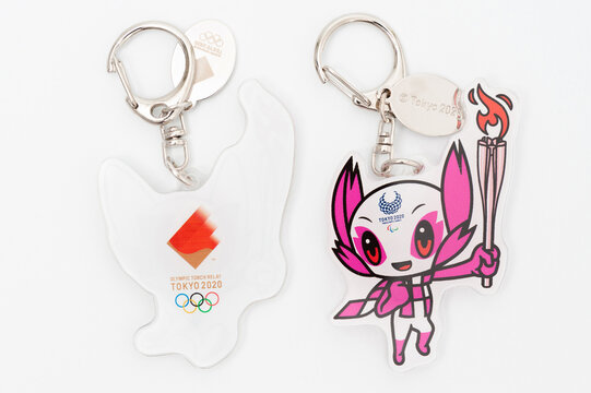 Tokyo, Japan - January 4, 2021: 2020 Tokyo Olympic Mascot Miraitowa (back) And Someity (front) Keychain Official Licensed. Isolated On White Background.