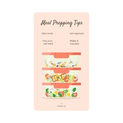 Meal prepping tips social media story template with fresh vegetables, fruits and nuts stored in containers. Healthy and tasty food. Modern lifestyles. Saving money and time through meal prep