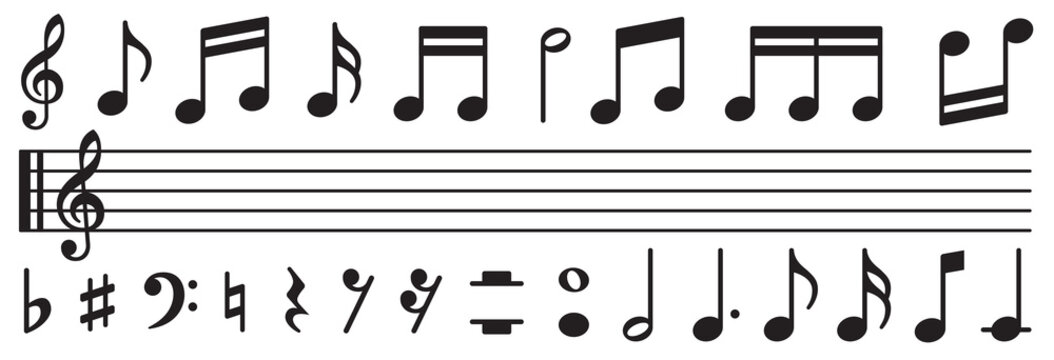Music notes set. Music simbol. Musicnotes icons. Black treble clef, note, sharp, natural, flat, measure, bar, stave and other. Musical notes icons - stock vector.