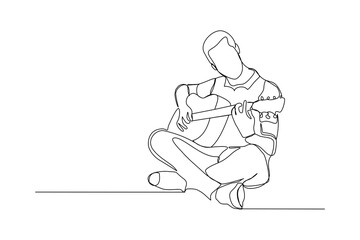 Continuous line drawing of a man playing guitar. Single one line art of musician guitarist vector illustration.
