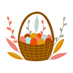 Basket with colored Easter eggs. Willow twigs and leaves. Traditional food and symbol for the Orthodox and Catholic holidays. Happy Easter. Colorful cartoon vector illustration isolated card