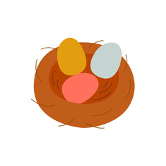 Easter Eggs Nest. Traditional food and symbol for the Orthodox and Catholic holidays. Happy easter. Colorful cartoon vector illustration isolated. Icon or card
