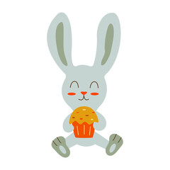 Cute hare sits and holds an Easter cake in his paws. Colorful cartoon vector illustration isolated. Happy Easter. Traditional food and symbol for the Orthodox and Catholic holidays
