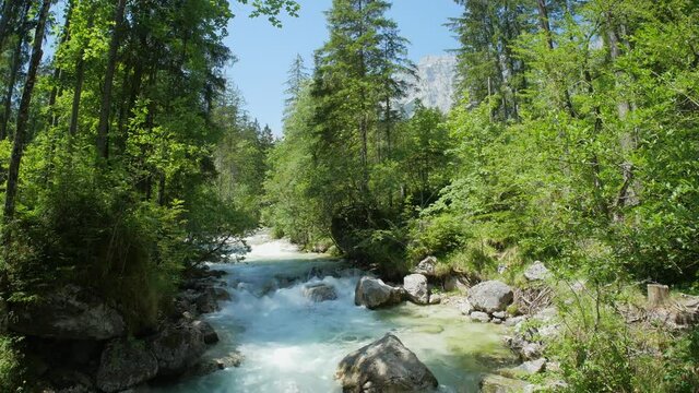 Beautiful creek with in the mountains in Bavaria, magic forest Ramsau, Germany
