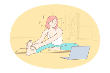 Online workout, yoga, pilates concept. Young happy woman cartoon character exercising and practicing yoga and meditation on fitness mat at home with laptop and distant lesson on screen 