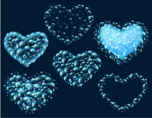 Set of soap bubbles on dark background. Blue water hearts by Valentine's Day. Realistic vector illustration.