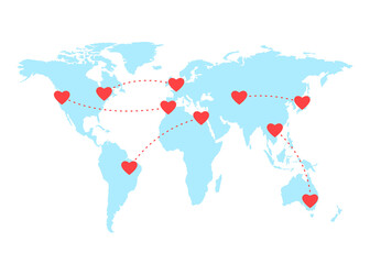 World map and separated loving couples. Love in distance. Connecting hearts through online communication, Internet. Valentines Day. Vector illustration