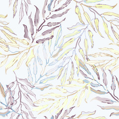 Vector seamless pattern with colorful illustration of tropical palm leaves. For wallpaper, textile print, pattern fills, web page, surface textures, wrapping paper, design of presentation