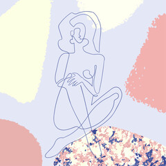 Vector outline illustration of woman body on abstract blobe background. One line drawing. Use it as greeting card, poster, banner, social media post, fashion print, invitation, sale, brochure