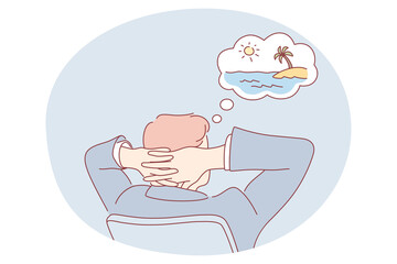 Working in office, travel, vacations concept. Young businessman office worker cartoon character sitting working and dreaming about traveling to paradise island and have rest near sea 