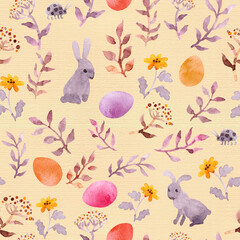 Easter bunny, colored eggs in grass and flowers. Seamless floral easter pattern. Watercolor