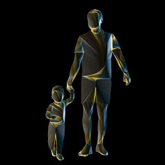 Fototapeta na wymiar vector walking man with child, thin geometry on black background
