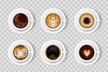 Realistic coffee cup set with different color hot drink. Coffee cup top. Hot milk espresso latte breakfast tea time