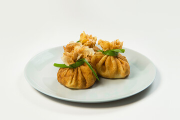 Side view of Holiday Russian starter dish blini with minced meat inside. Traditional crepes appetizer with fresh spring onion scallions. Delicious new year Christmas dish
