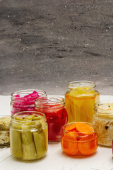 Assorted of fermented vegetables in glass jars