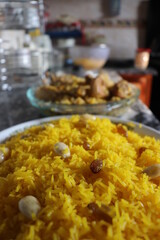 Yellow Rice In Dish Close Up With Blur Background