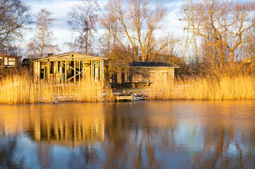 old sheds by the lake