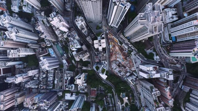 Aerial overhead view of tall buildings and residential district, Hong Kong city