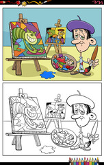 cartoon funny painter in studio coloring book page