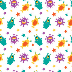 Funny aliens and multicolored stars on a white seamless background.