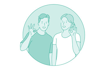 Okay, agreement, approval concept. Smiling couple boy and girl cartoon characters standing and showing ok cool cheerful gesture with fingers vector illustration 