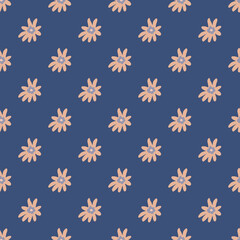 Cartoon seamless pattern with doodle pink flower ornament on bright blue background.
