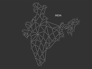 India Map Point scales on black background. Wire frame polygonal network white line, dot and shadow dot.