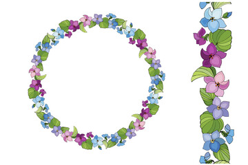 Endless brush from cute viola flowers white background, vector illustration. Floral round frames for festive design, announcements, postcards, invitations.