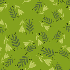 Random seamless botanic pattern with leaves branches and flower silhouettes. Green background.