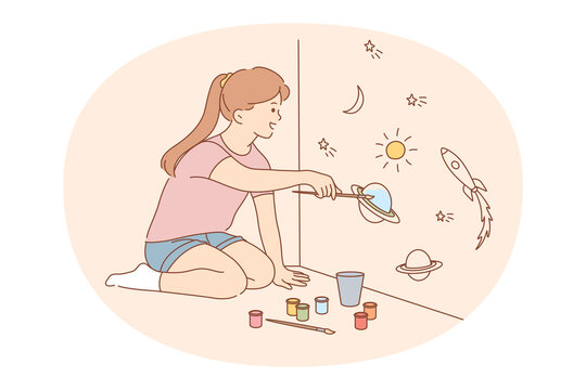 Painting, drawing, children activities concept. Small smiling girl cartoon character sitting on floor and drawing on walls with brush and colors at home vector illustration 