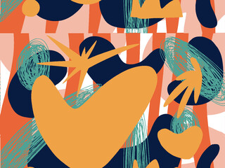 Seamless abstract doodle background pattern in bright summer positive colors. Hand-drawn abstract pattern with randomly arranged spots and dots and lines. Pencil and paint texture.