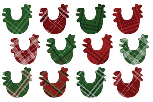 Rooster silhouettes. Clip art set buffalo plaid on white background