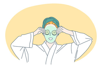 Beauty, skincare, cosmetics concept. Young smiling woman cartoon character applying green facial mask and covering eyes with cucumber parts for looking good and fresh. Dermatology, cosmetology